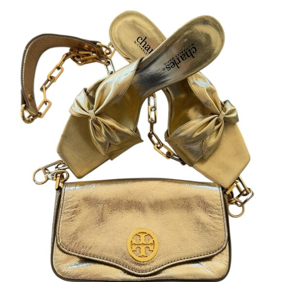 Tory Burch Metallic Gold Leather Evening Bag – Chain Strap Crossbody Shoulder - Picture 3 of 8